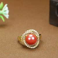 High-content imperial sand inlaid with rough cinnabar ring