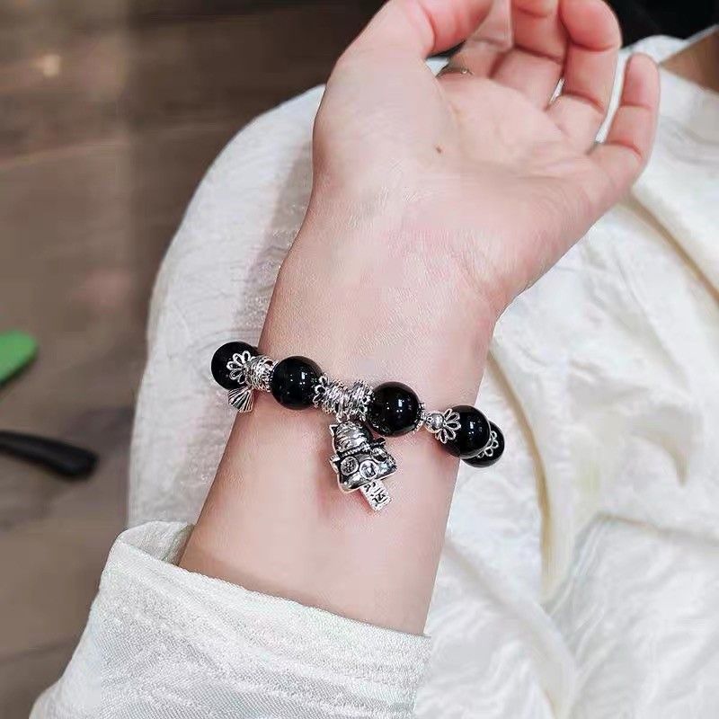 Natural Obsidian Lucky Cat Bell 925 Sterling Silver Charm Bracelet