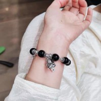 Natural Obsidian Lucky Cat Bell 925 Sterling Silver Charm Bracelet