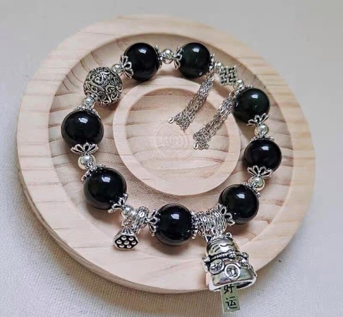 Natural Obsidian Lucky Cat Bell 925 Sterling Silver Charm Bracelet