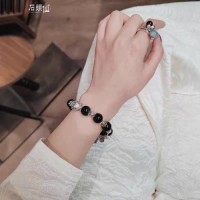 Natural Obsidian Lucky Cat Bell 925 Sterling Silver Charm Bracelet