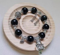 Natural Obsidian Lucky Cat Bell 925 Sterling Silver Charm Bracelet