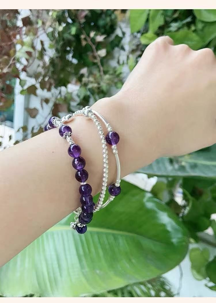 999 Sterling Silver Amethyst Three-Wrap Bracelet
