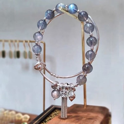 Gray Moonstone Crystal Double Circle Bracelet Womens Sterling Silver Stacking Retro Personality Tassel Pendant Multi-l