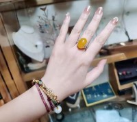 Natural high-end yellow agate chalcedony ring female live large egg-shaped sterling silver inlaid ring