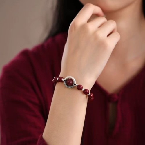 999 sterling silver peace buckle new Chinese style acacia bean cinnabar bracelet