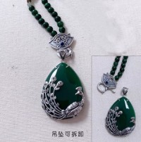 Large pendant green chalcedony sweater chain female ethnic style retro high-end atmosphere 925 sterling silver autumn a