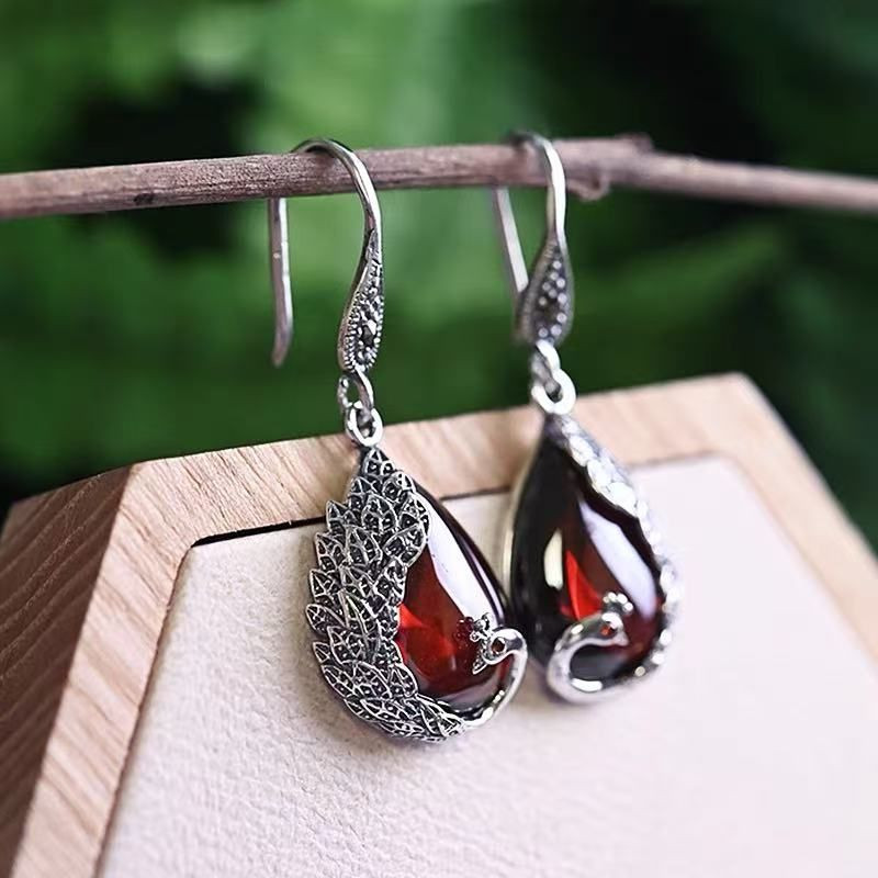 Sterling silver natural garnet earrings for women 925 Chinese retro atmospheric long earrings