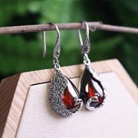 Sterling silver natural garnet earrings for women 925 Chinese retro atmospheric long earrings