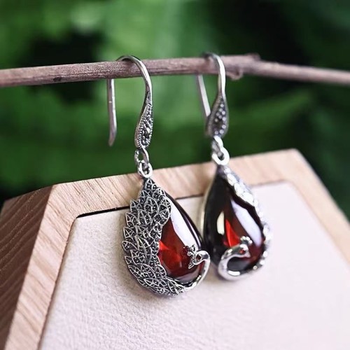 Sterling silver natural garnet earrings for women 925 Chinese retro atmospheric long earrings