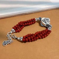 Pure silver 99 rose bracelet sterling silver multi-layer flower red bracelet heavy three-dimensional double-sided flowe