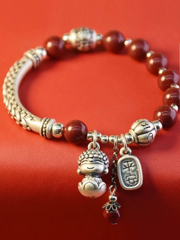 Sterling Silver 999 Bracelet Wafo Ping An Charm Cinnabar Ethnic Barley Bend Bracelet