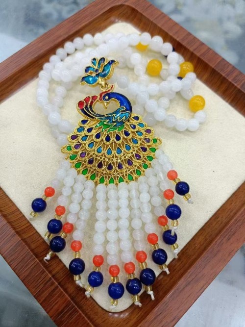 Natural white jade gold jade peacock sweater necklace pendant