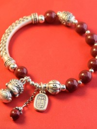 Sterling Silver 999 Bracelet Wafo Ping An Charm Cinnabar Ethnic Barley Bend Bracelet