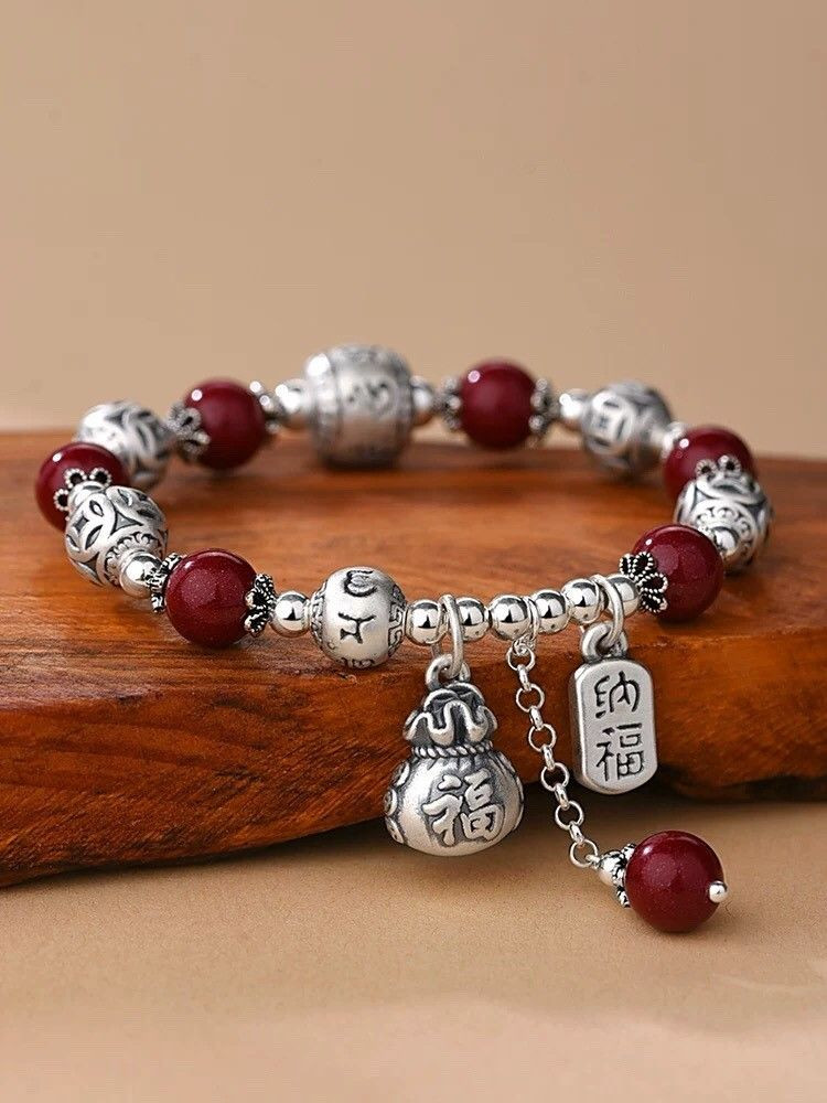 Genuine 999 Sterling Silver Lucky Bag Bracelet Womens Retro Ethnic Style Words Lucky Beads Cinnabar Bracelet