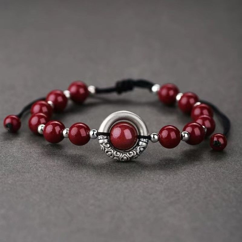 999 sterling silver peace buckle new Chinese style acacia bean cinnabar bracelet