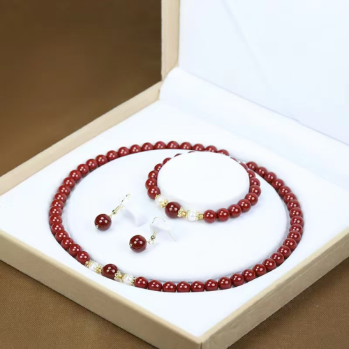 Natural cinnabar necklace bracelet earrings three-piece set
