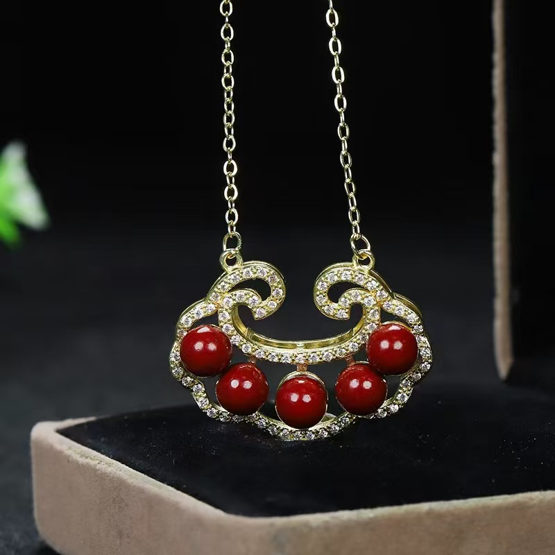 Natural cinnabar high-content purple gold sand inlaid heart sutra pendant necklace