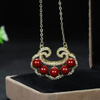 Natural cinnabar high-content purple gold sand inlaid heart sutra pendant necklace