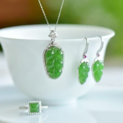 925 silver and Hetian Jasper leaf three-piece set
