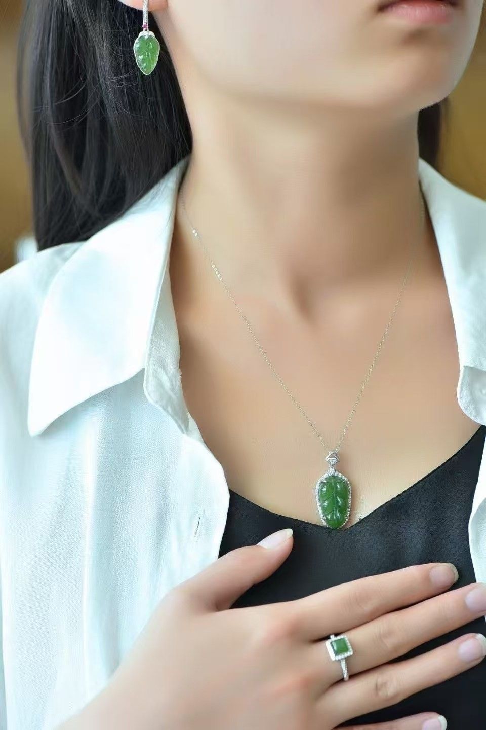 925 silver and Hetian Jasper leaf three-piece set