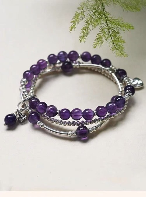 999 Sterling Silver Amethyst Three-Wrap Bracelet