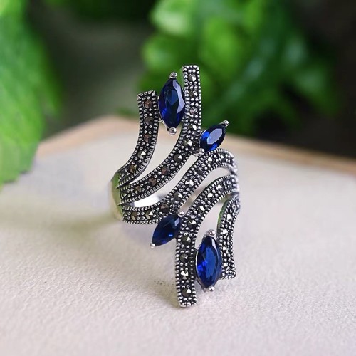 925 Sterling Silver Vintage Blue Crystal Loose Sapphire Ring