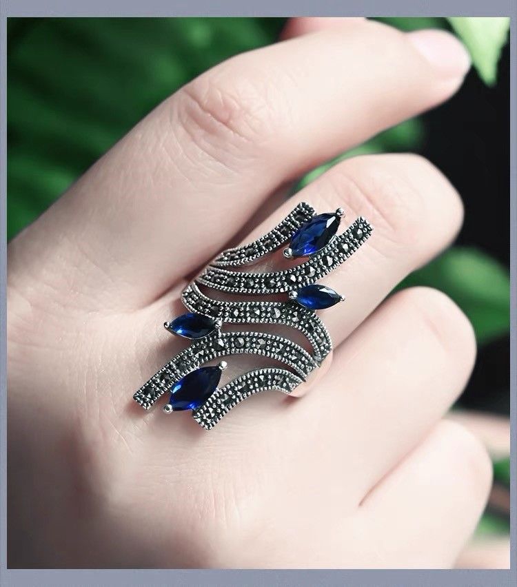 925 Sterling Silver Vintage Blue Crystal Loose Sapphire Ring