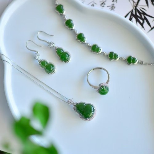 925 silver and Tian Jasper gourd necklace earrings ring bracelet set