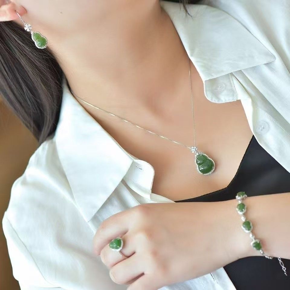 925 silver and Tian Jasper gourd necklace earrings ring bracelet set