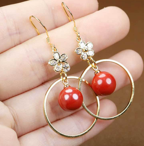 Cinnabar earrings are fashionable, light luxury, high-content imperial sand inlaid elegant earrings