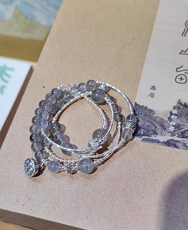 Natural crystal 999 sterling silver multi-circle dual-purpose hand string bracelet