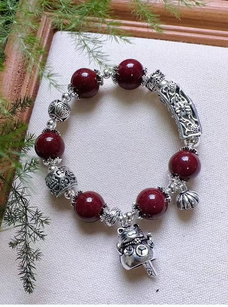 Original cinnabar lucky cat sterling silver purple gold sand sterling silver bracelet