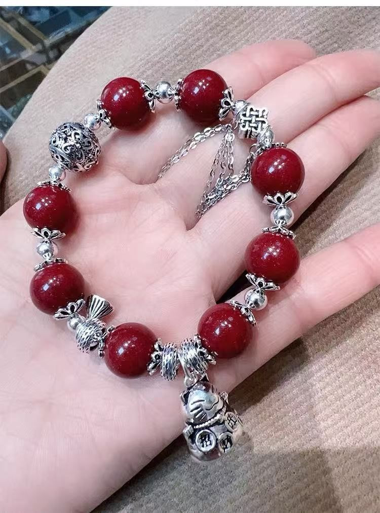 Original cinnabar lucky cat bell purple gold sand bracelet