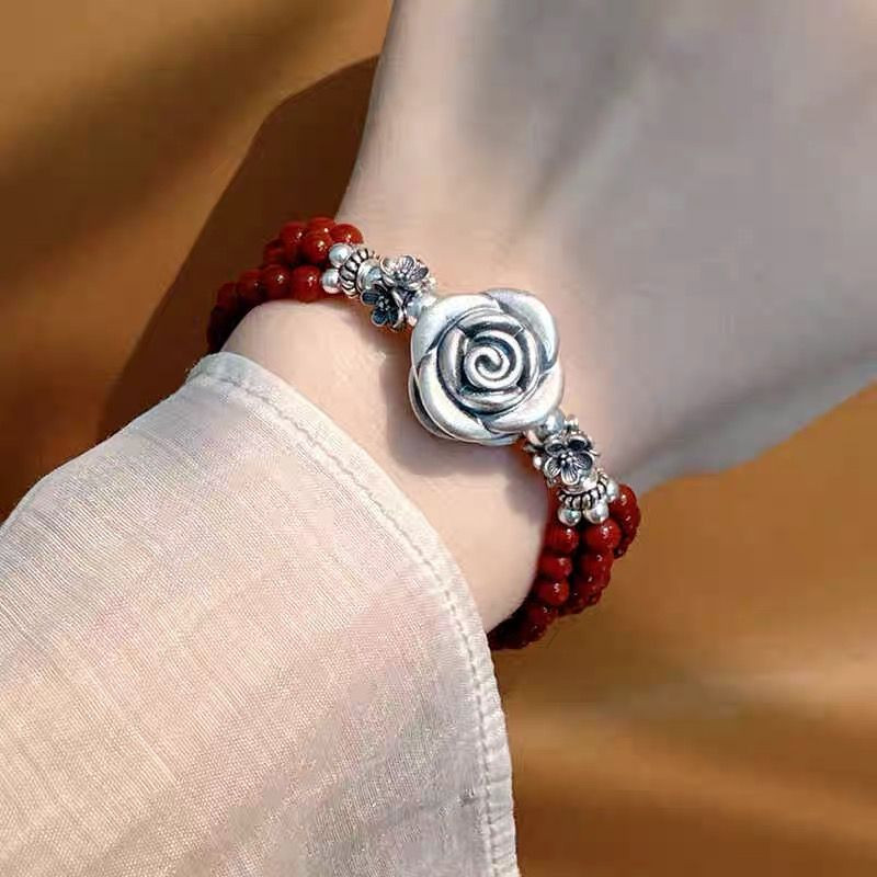 Pure silver 99 rose bracelet sterling silver multi-layer flower red bracelet heavy three-dimensional double-sided flowe