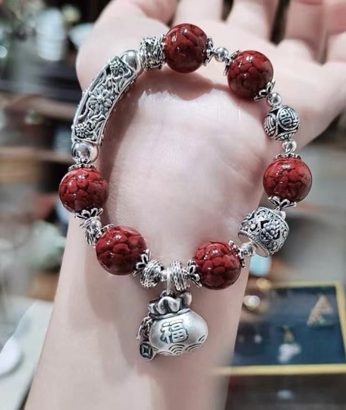 Natural crystal sand cinnabar 925 sterling silver bracelet