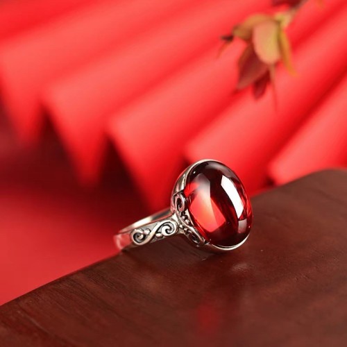 S925 sterling silver inlaid garnet open ring