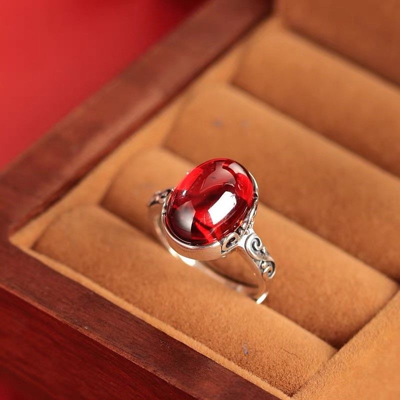 S925 sterling silver inlaid garnet open ring