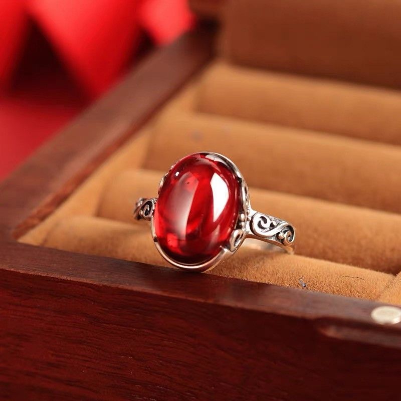 S925 sterling silver inlaid garnet open ring
