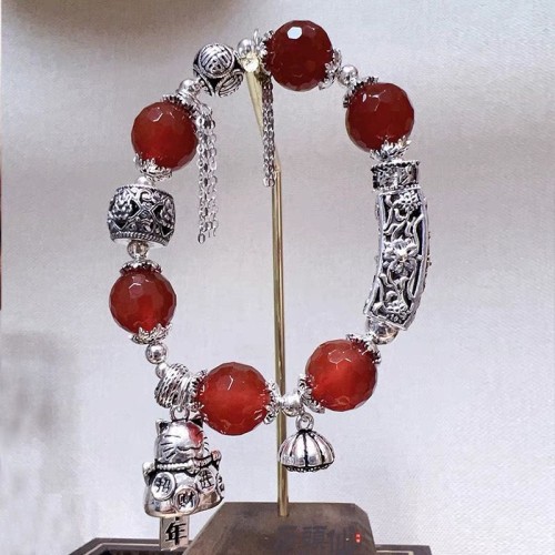 Lucky Cat Bell Bracelet for Women Natural Red Agate 925 Sterling Silver Jewelry Bracelet