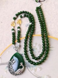 Large pendant green chalcedony sweater chain female ethnic style retro high-end atmosphere 925 sterling silver autumn a