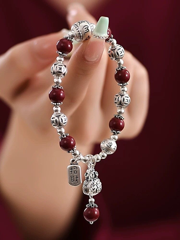 Genuine 999 Sterling Silver Lucky Bag Bracelet Womens Retro Ethnic Style Words Lucky Beads Cinnabar Bracelet