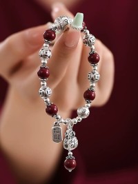 Genuine 999 Sterling Silver Lucky Bag Bracelet Womens Retro Ethnic Style Words Lucky Beads Cinnabar Bracelet