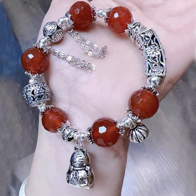 Lucky Cat Bell Bracelet for Women Natural Red Agate 925 Sterling Silver Jewelry Bracelet