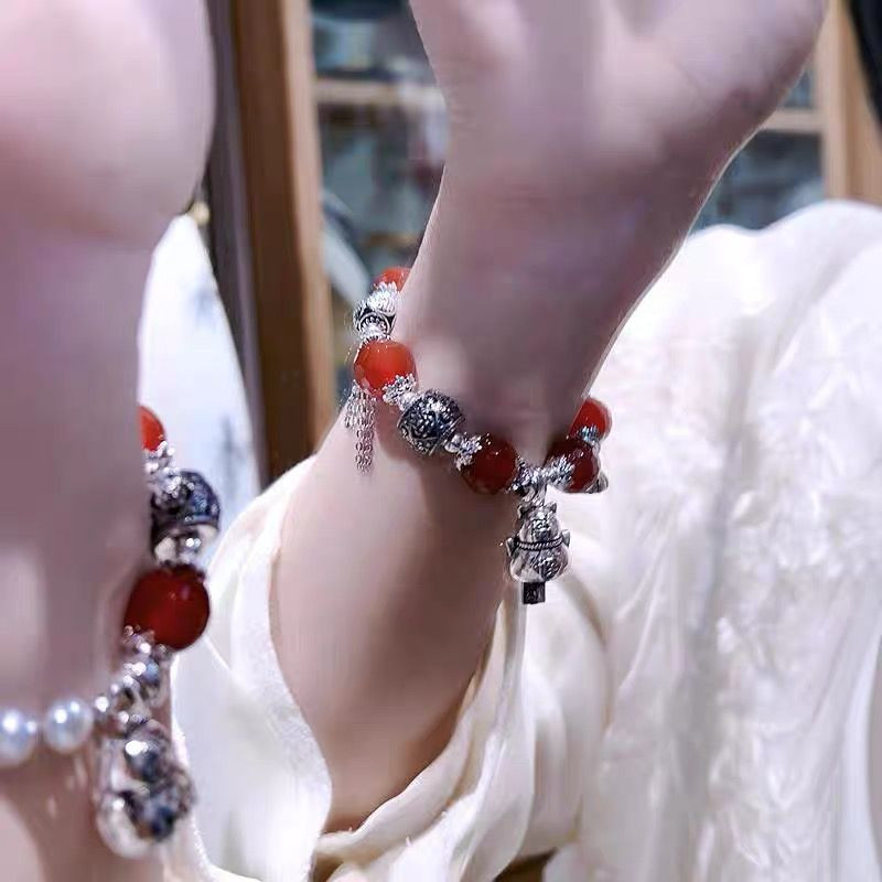 Lucky Cat Bell Bracelet for Women Natural Red Agate 925 Sterling Silver Jewelry Bracelet