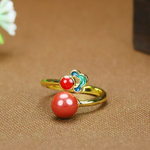 High-content imperial sand inlaid with rough cinnabar ring