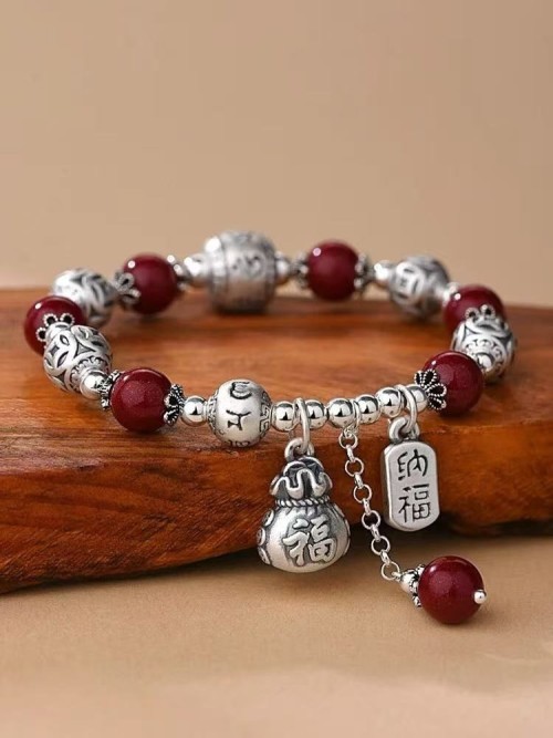 999 sterling silver lucky bag ethnic style motto lucky cinnabar bracelet