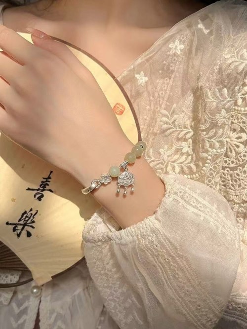 925 sterling silver peace and luck lock half bracelet half chain Hetian jade bracelet