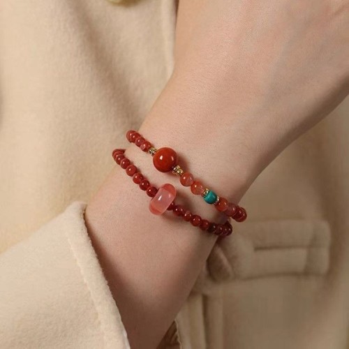 Natural South Red Agate Double Circle Bracelet