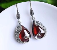 Sterling silver natural garnet earrings for women 925 Chinese retro atmospheric long earrings